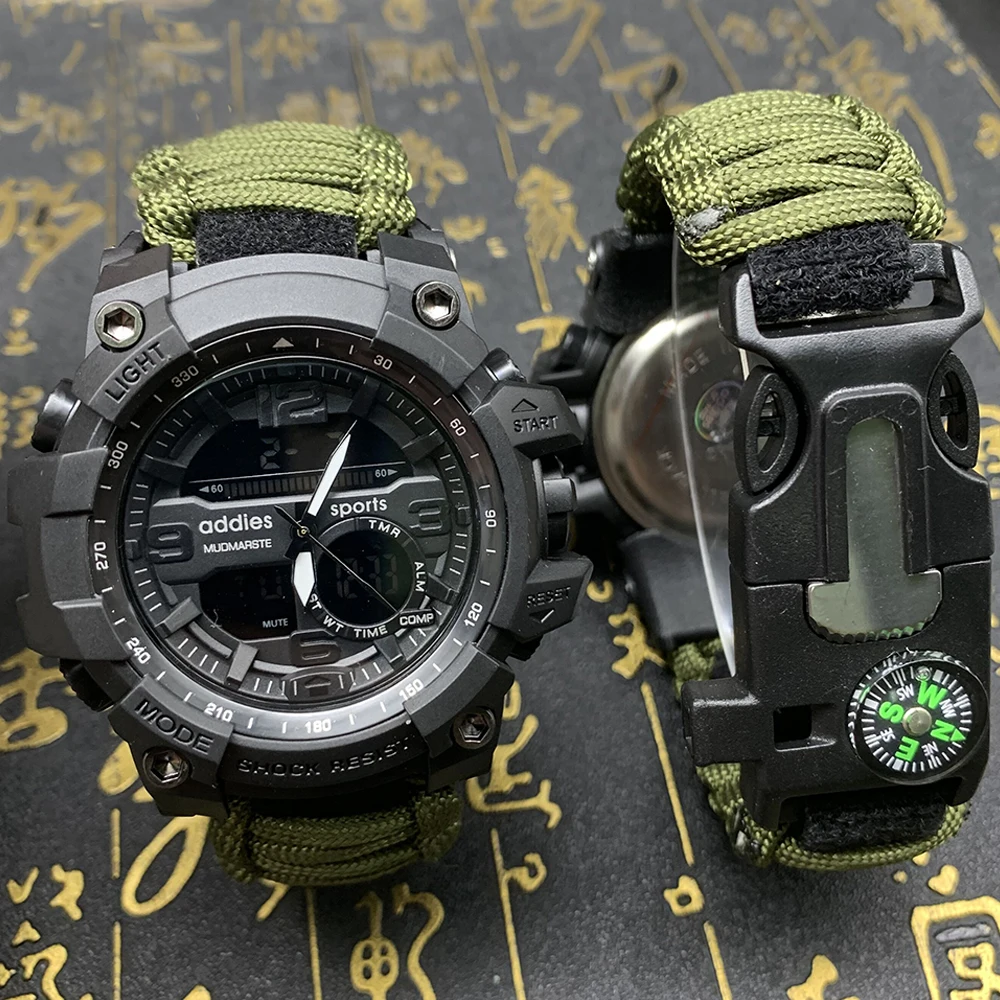 Мужские военные спортивные цифровые часы ADDIES с компасом для выживания на
