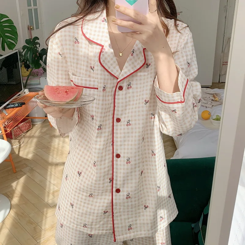 spring autumn sleepwear women pajamas set long sleeve plaid shirt pants 2 piece set homewear cherry print home clithes Y378
spring autumn sleepwear women pajamas set long sleeve plaid shirt pants 2 piece set homewear cherry print home clithes Y378