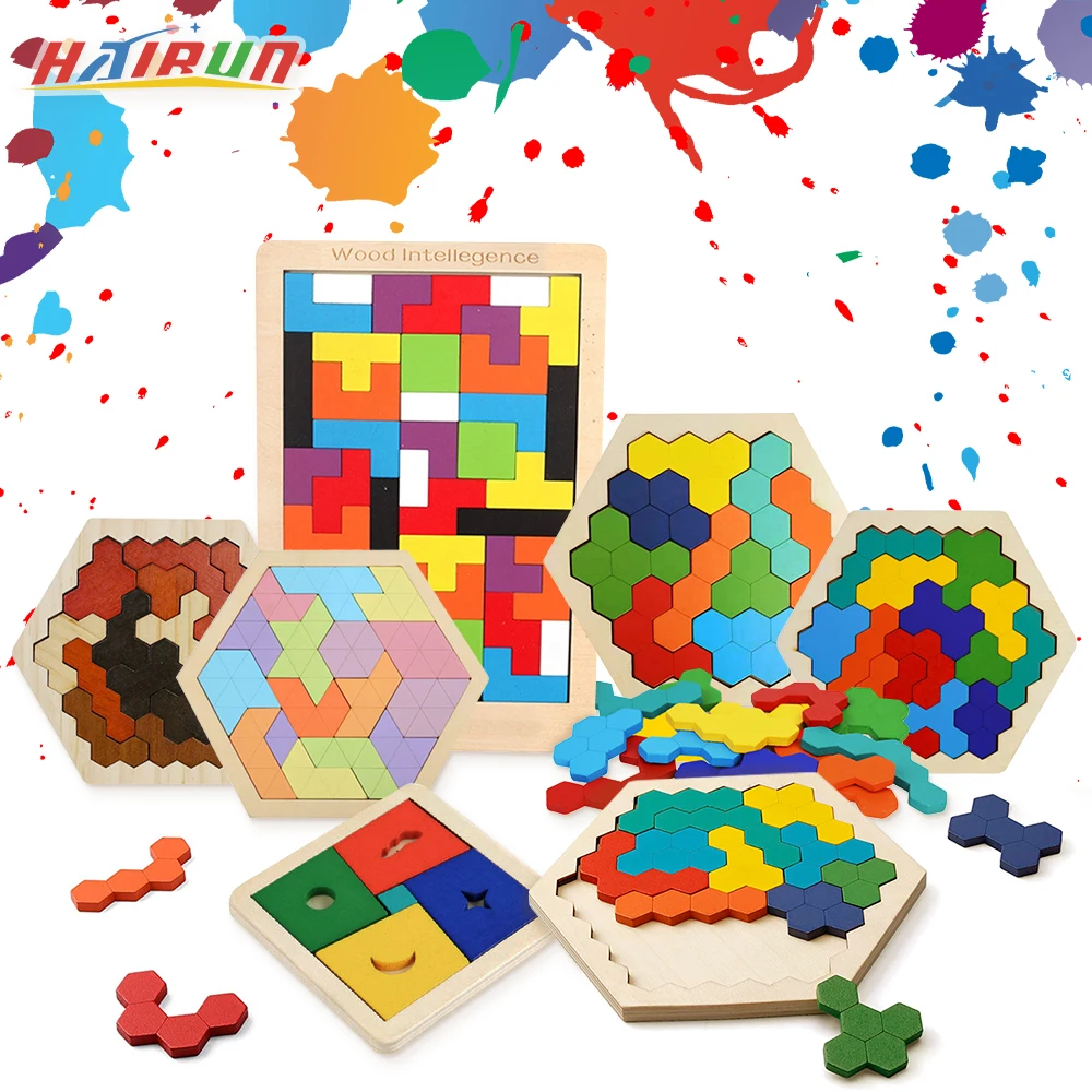 

Wooden Hexagon Puzzle Shape Pattern Block Tangram Brain Teaser Toy Geometry Logic IQ Game Montessori Educational Gift for Kid