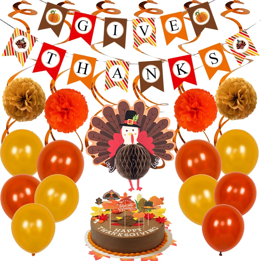 

Thanksgiving Party Decoration Balloon Set with Give Thanks Letter Paper Banner Turkey Honeycomb Ball Paper Flower Ball