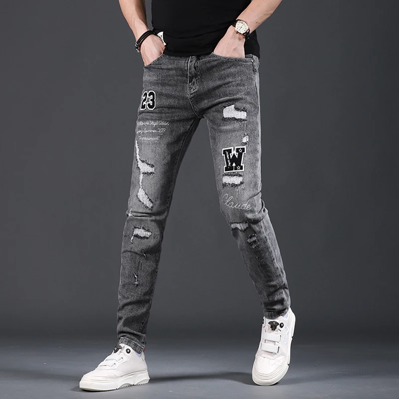 Men's Ripped Embroidery Jeans Summer Fashion Casual Dark Gray Slim Fit Denim Pants
Men's Ripped Embroidery Jeans Summer Fashion Casual Dark Gray Slim Fit Denim Pants