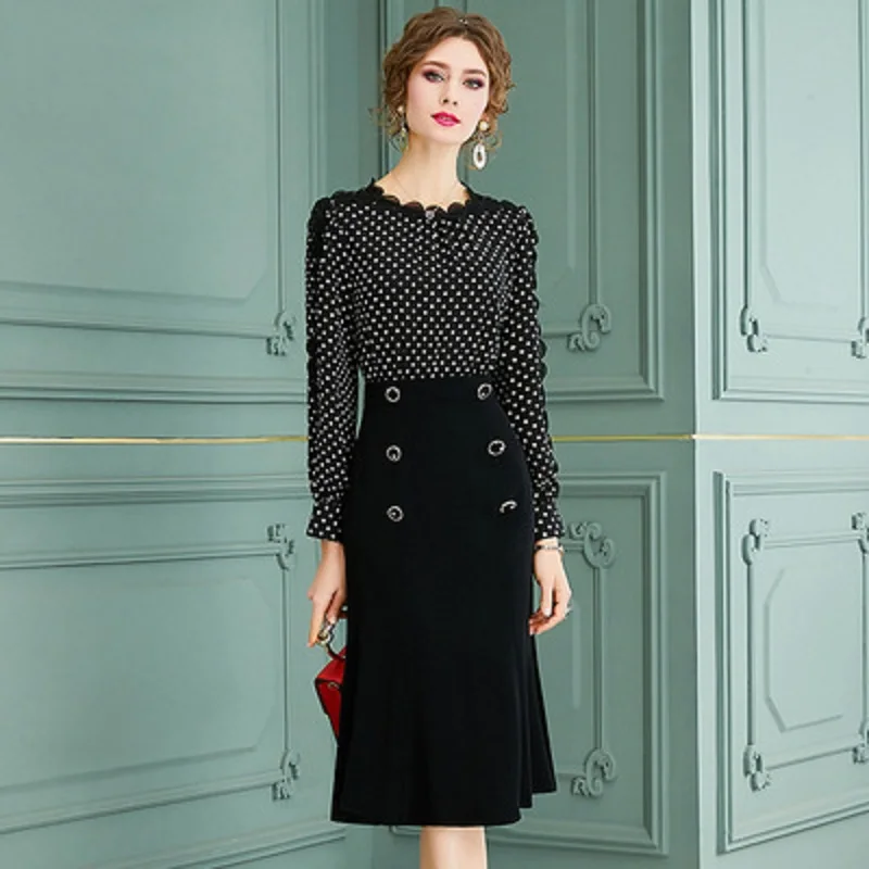 2021 Autumn Spring dress women's slim Solid high waist Dot patchwork skirt plus XXXL fashion Office lady O-neck Hepburn dresses 
2021 Autumn Spring dress women's slim Solid high waist Dot patchwork skirt plus XXXL fashion Office lady O-neck Hepburn dresses