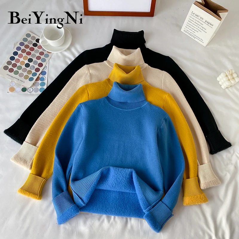 

Beiyingni осенне-зимняя одежда, корейская модная флисовая водолазка, свитера, женский кашемировый плотный теплый пуловер, топы, вязаные пальто