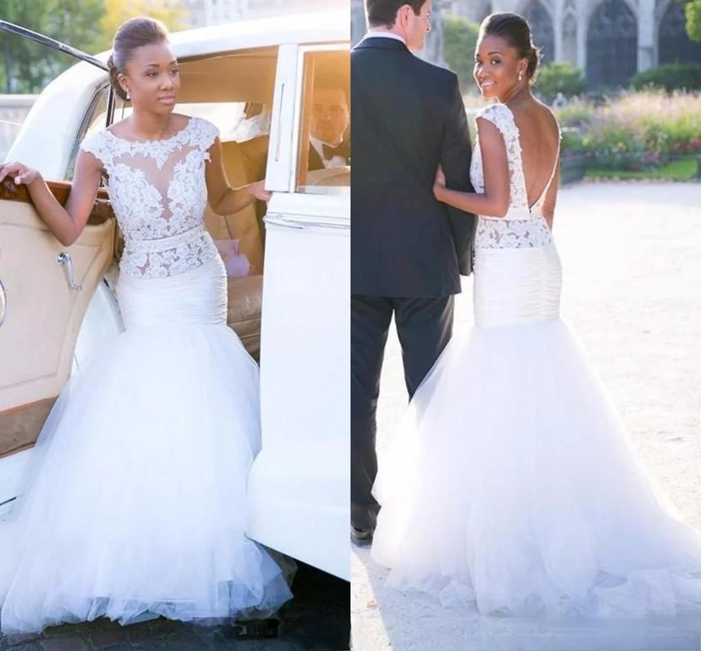 Sexy Beaded Mermaid Wedding Dress Scoop Neck Cap Sleeves Sashes Lace Wedding Gowns Plus Size Wedding Dress Backless vestido
Sexy Beaded Mermaid Wedding Dress Scoop Neck Cap Sleeves Sashes Lace Wedding Gowns Plus Size Wedding Dress Backless vestido