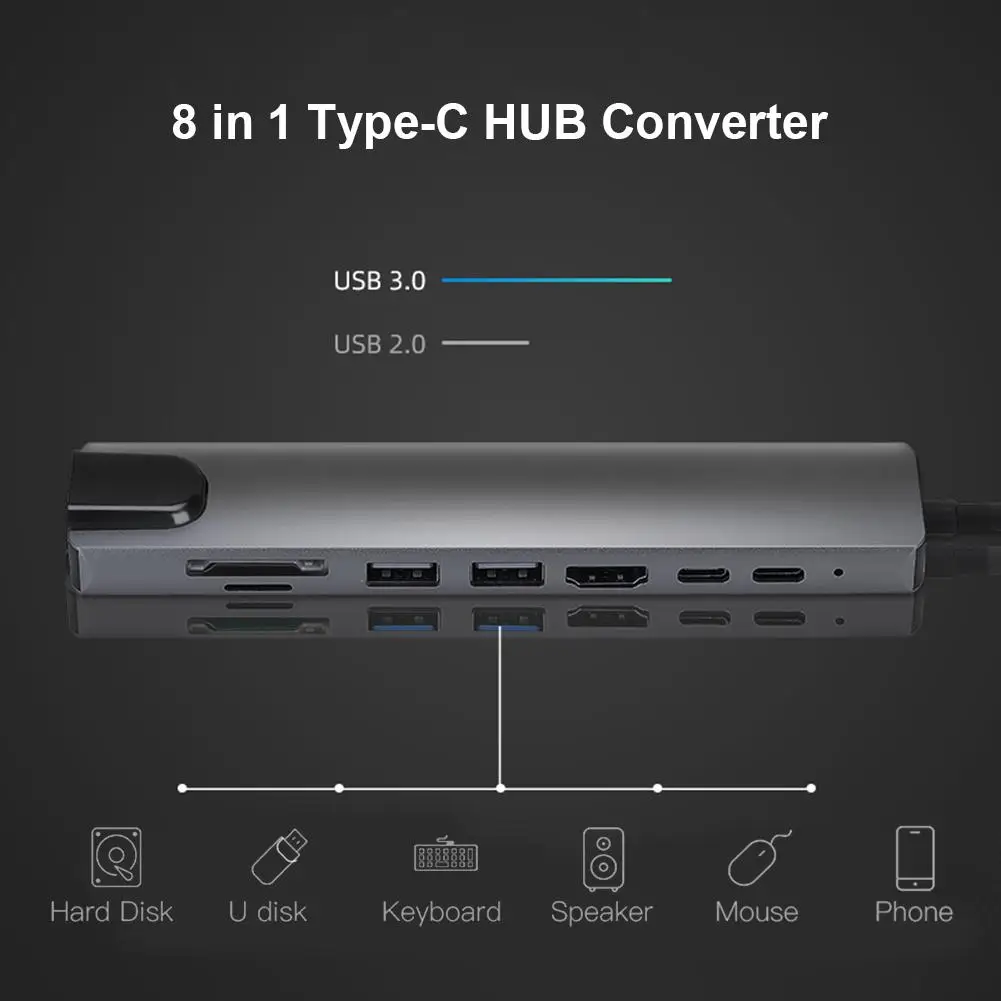 Hub Converter Usb-c 8-in-1 4k 30hz Hd USB SD/TF Card Reader Multi Port Adapter For Laptop Aluminum Alloy Material Portable 
Hub Converter Usb-c 8-in-1 4k 30hz Hd USB SD/TF Card Reader Multi Port Adapter For Laptop Aluminum Alloy Material Portable
