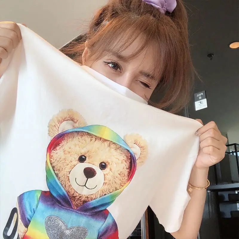 2021 Summer new fashion brand printing half-sleeved bear white big t-shirt female short-sleeved ins loose Korean top
2021 Summer new fashion brand printing half-sleeved bear white big t-shirt female short-sleeved ins loose Korean top