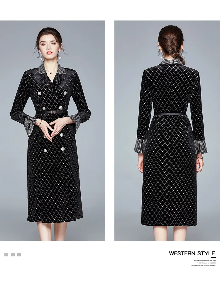 Black dress autumn and winter new women's hot drilling velvet double-breasted trench coat
Black dress autumn and winter new women's hot drilling velvet double-breasted trench coat