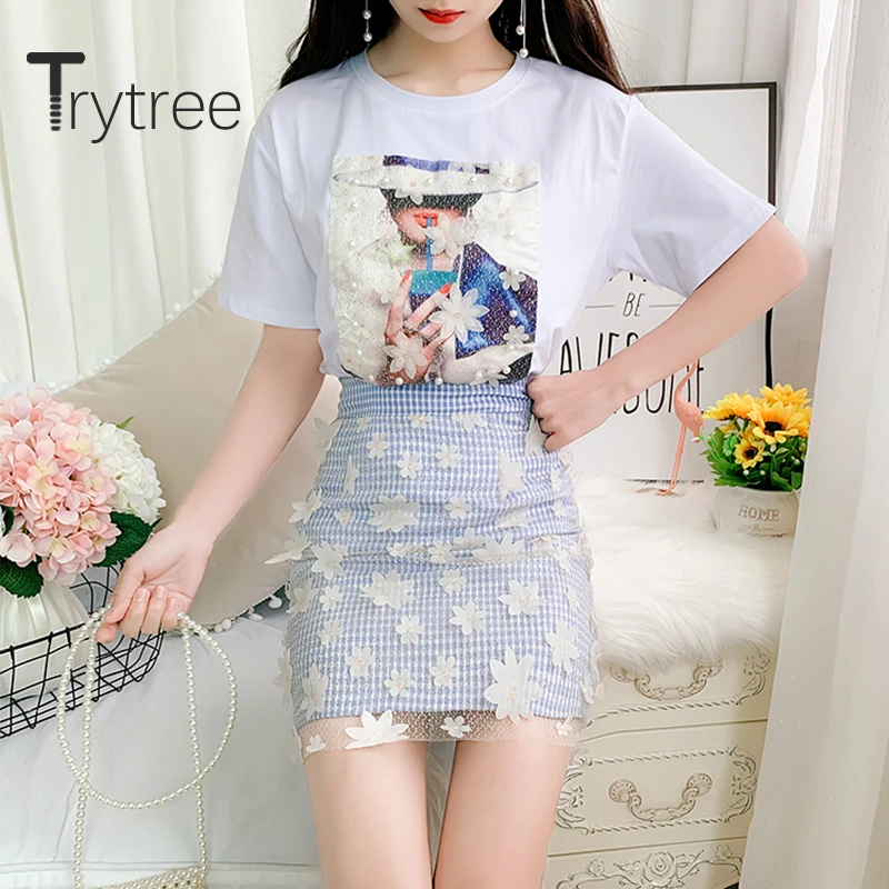 Trytree 2020 Summer Women two piece set O-neck T-shirt Tops + Skirt Plaid Flower Patchwork Mesh Fashion Set 2 piece Set
Trytree 2020 Summer Women two piece set O-neck T-shirt Tops + Skirt Plaid Flower Patchwork Mesh Fashion Set 2 piece Set