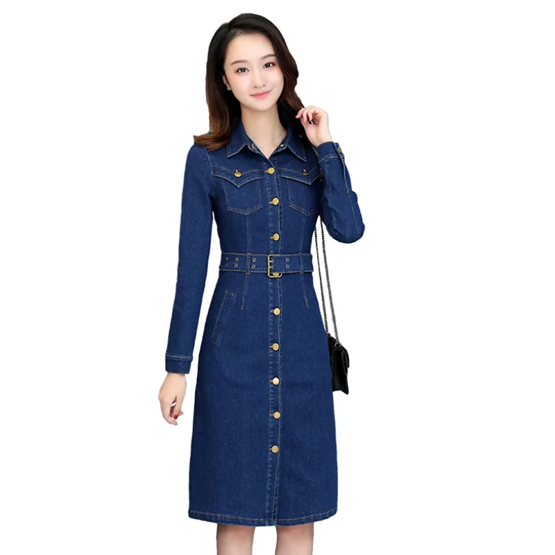 Women's denim dress spring autumn Korean long-sleeved dresses Female self-cultivation was thin and long Single-breasted dresses 
Women's denim dress spring autumn Korean long-sleeved dresses Female self-cultivation was thin and long Single-breasted dresses