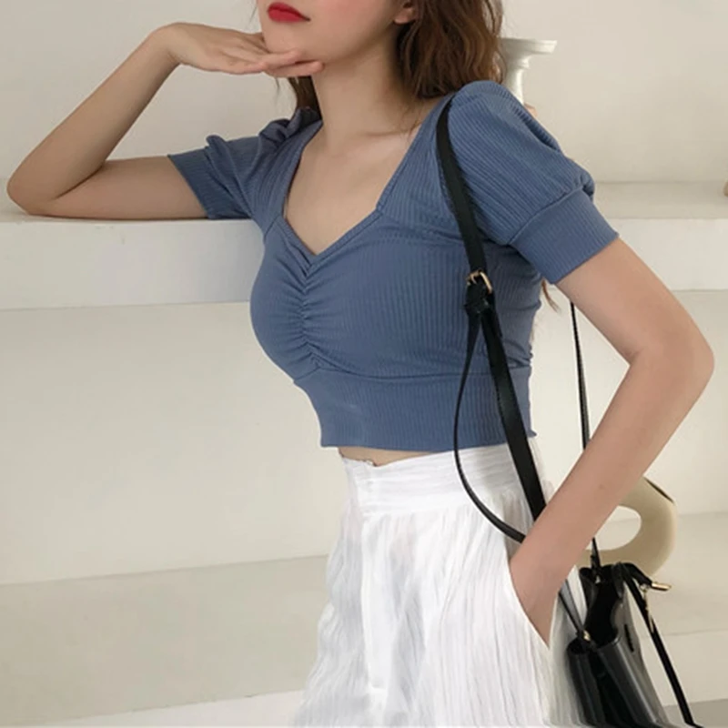 Women Crop Top Square Collar Puff Short Sleeve Korean Peaky Collarbone T-shirt Leisure Vacation Tees
Women Crop Top Square Collar Puff Short Sleeve Korean Peaky Collarbone T-shirt Leisure Vacation Tees