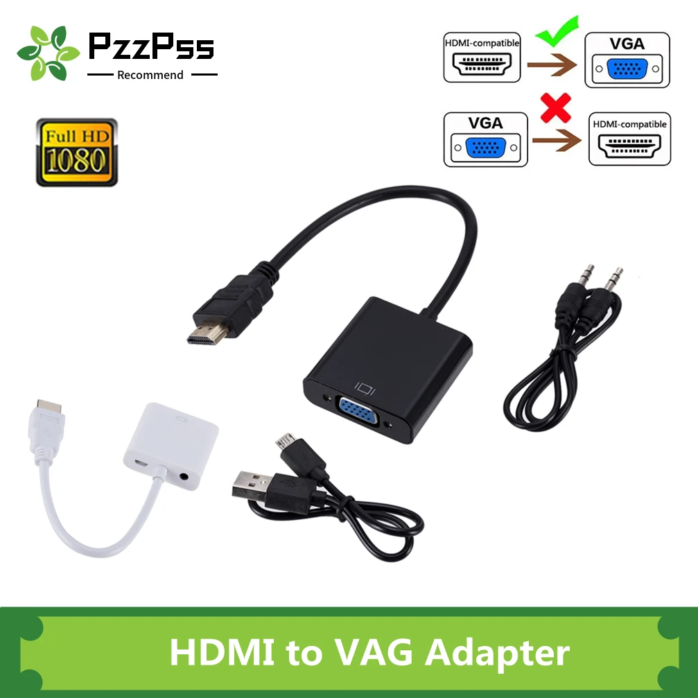 Адаптер PzzPss HDMI-VGA с аудиокабелем 3 5 мм + блок питания USB 1080P цифро-аналоговый видео