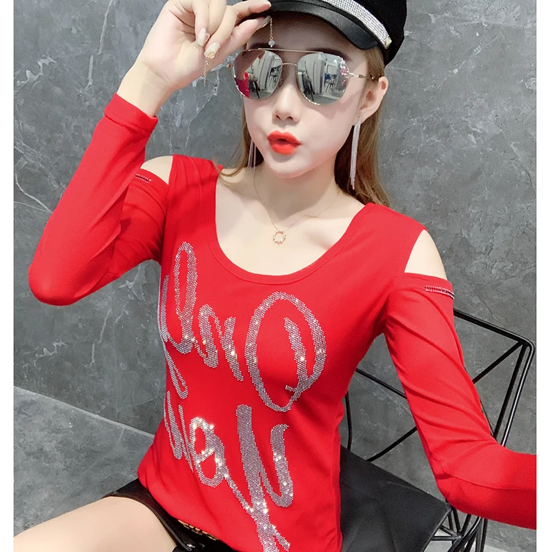 Women Diamond Shoulder Off T-shirts For Women Sexy Back Hollow Out Drilling T-shirt Clothes Female Club Tops Streetwear T065 
Women Diamond Shoulder Off T-shirts For Women Sexy Back Hollow Out Drilling T-shirt Clothes Female Club Tops Streetwear T065