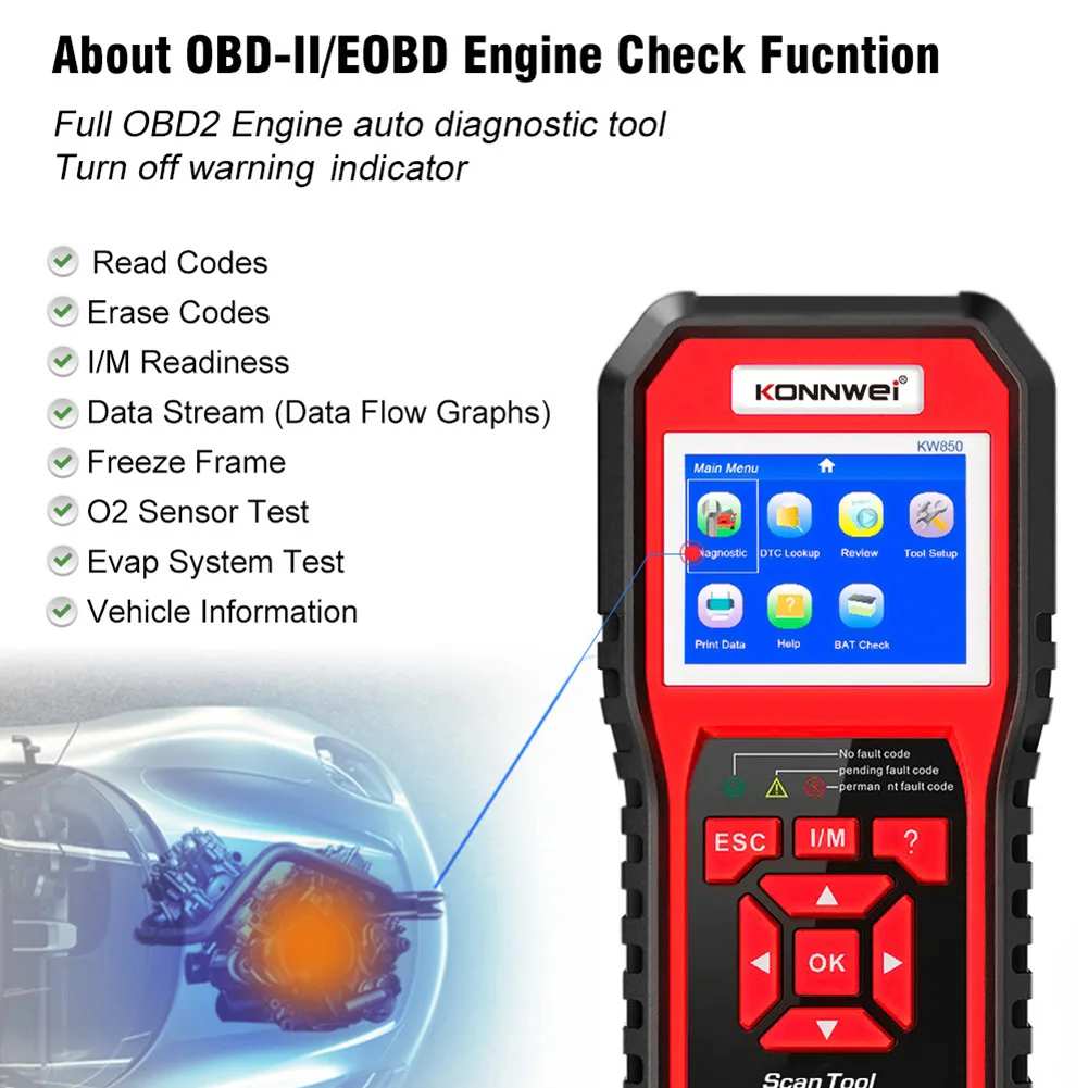 KONNWEI KW850 Professional OBD2 Scanner Auto Code Reader Diagnostic Check Engine Light Scan Tool for OBD II Cars After 1996
KONNWEI KW850 Professional OBD2 Scanner Auto Code Reader Diagnostic Check Engine Light Scan Tool for OBD II Cars After 1996