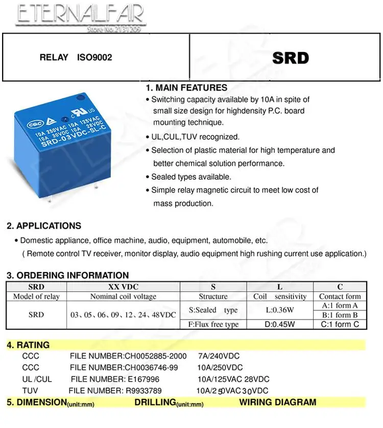 SRD-12VDC-SL-C Time Relays 5V 6V 9V 12V 24V DC 10A 125V 250V AC SPDT NO Typc A 4PIN SPDT B-M Typc C 5PIN PCB T73
SRD-12VDC-SL-C Time Relays 5V 6V 9V 12V 24V DC 10A 125V 250V AC SPDT NO Typc A 4PIN SPDT B-M Typc C 5PIN PCB T73