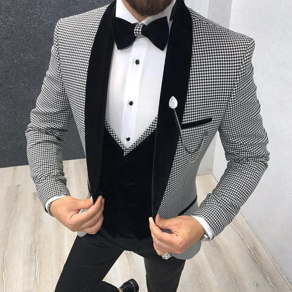 

Houndstooth Men Suit Slim Fit for Dinner Party Prom Tailor made Suit Groom Wedding Tuxedo Best Man 3 Piece Jacket Pants Vest