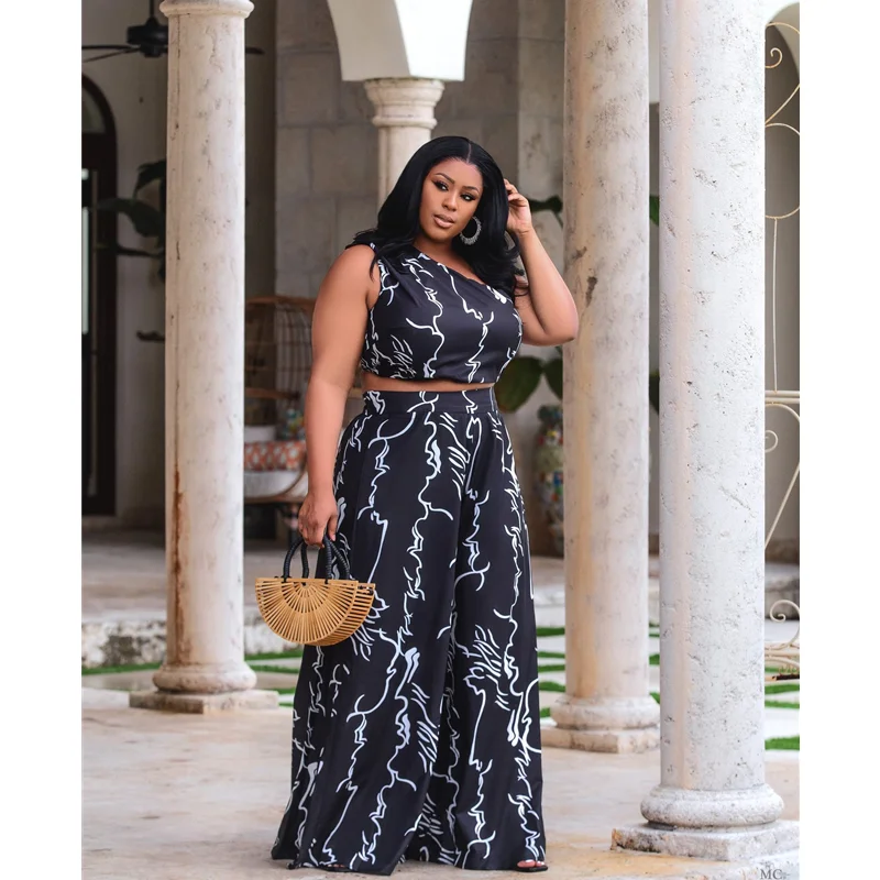 Summer Two Piece Set Women Plus Size Tracksuit Sleeveless Slash Neck Top Wide Leg Pants Suit Print Loose Outfits Casual Clothing
Summer Two Piece Set Women Plus Size Tracksuit Sleeveless Slash Neck Top Wide Leg Pants Suit Print Loose Outfits Casual Clothing