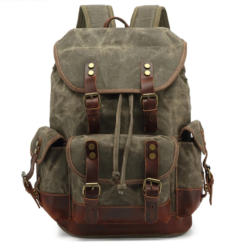 

Vintage Waterproof Waxed Canvas Backpack For Men Leather School Bags Fashion Daypack women Laptop bagpack Bag Rucksack