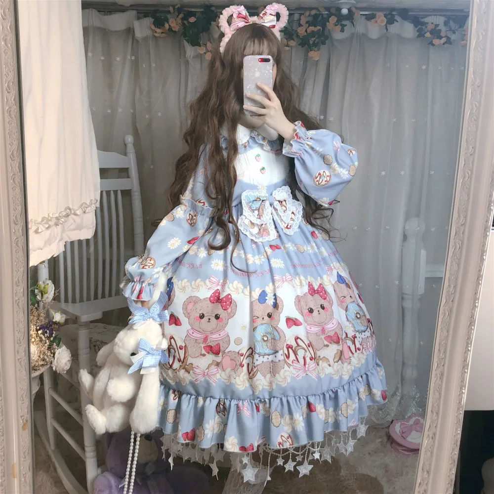 

Sweet Lolita Dress Medieval Lace Bowknot Peter Pan Collar Puff Sleeve High Waist Victorian Dress Kawaii Girl Gothic Loli Op Cos