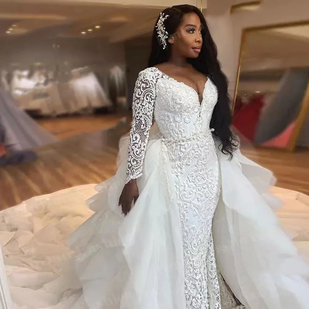 YIWUMENSA Luxury African Long Sleeve Mermaid Wedding Dresses V Neck Beaded Lace Detachable Train Bridal Gown Robe De Mariee 2021
YIWUMENSA Luxury African Long Sleeve Mermaid Wedding Dresses V Neck Beaded Lace Detachable Train Bridal Gown Robe De Mariee 2021