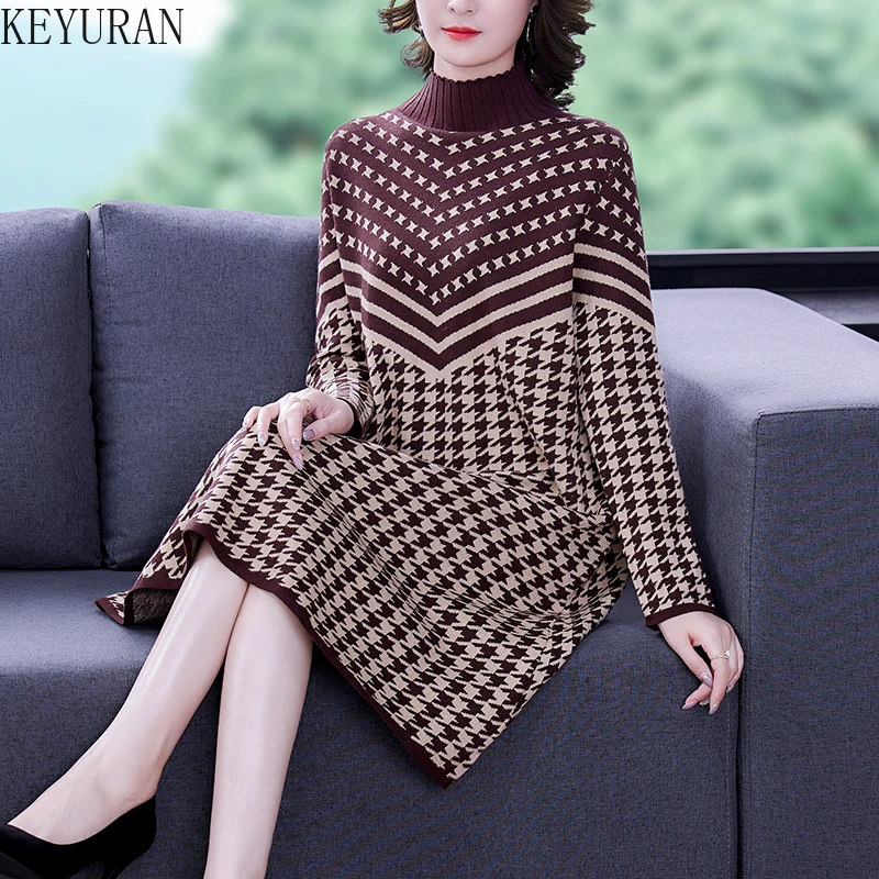 Turtleneck Houndstooth Long Sweater Dress Women 2021 Autumn Winte Plaid Striped Mother Mid-length Knitted Dress Vestidos Mujer
Turtleneck Houndstooth Long Sweater Dress Women 2021 Autumn Winte Plaid Striped Mother Mid-length Knitted Dress Vestidos Mujer