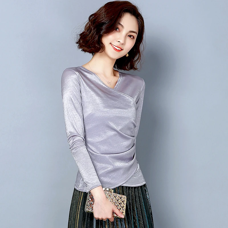 Heyezui new style Women long sleeve spring v-neck t-shirts