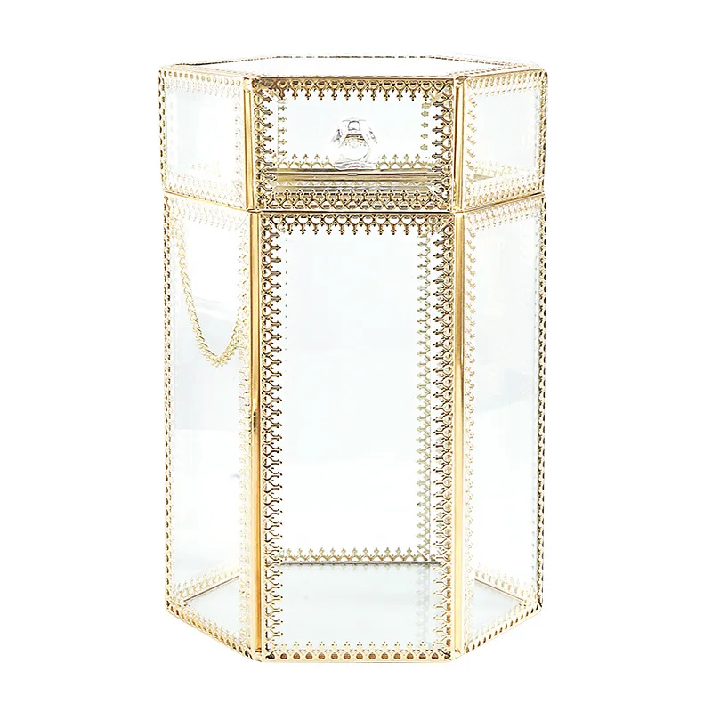 New European dressing makeup hexagon storage box flip transparent dustproof pen holder luxury metal glass storage box14*21cm
New European dressing makeup hexagon storage box flip transparent dustproof pen holder luxury metal glass storage box14*21cm
