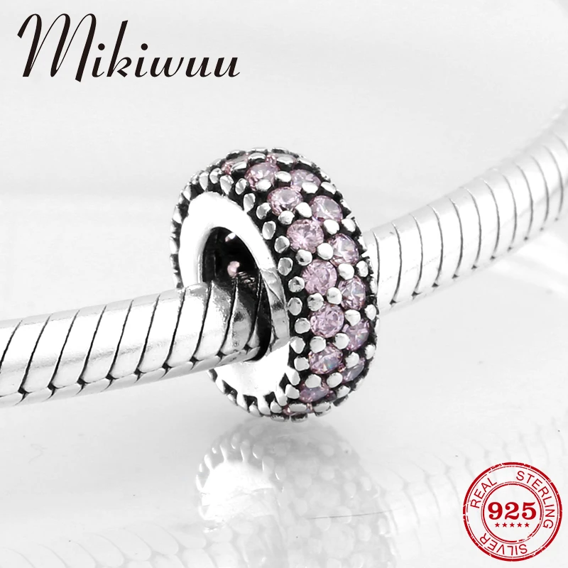 Real 925 Sterling Silver pink CZ round DIY spacer beads Jewelry making Fit Original Mikiwuu Charm Bracelet | Украшения и