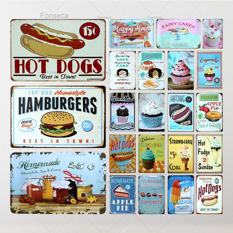 

Tin Sign Hot Dogs Hamburgers Apple Pie Cake Hot Dog Metal Painting Wall Bar Cafe Home Art Kitchen Decor Living Room Cua