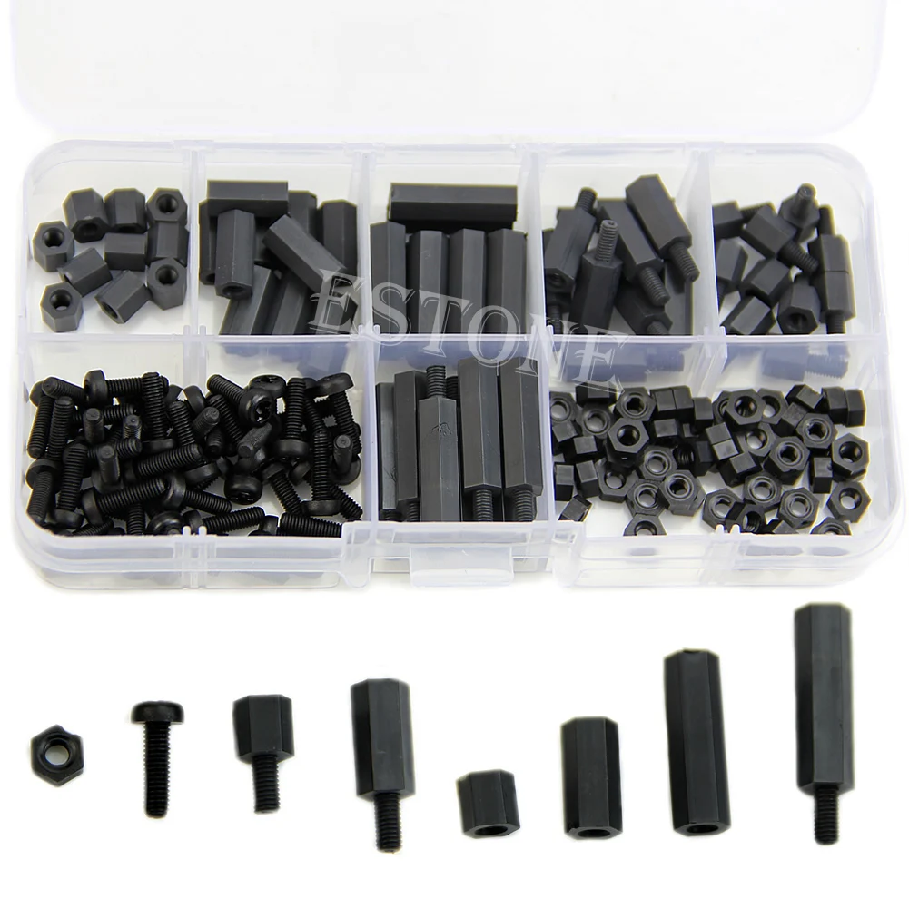 

160Pcs M3 Nylon Black M-F Hex Spacers Screw Nut Assortment Kit Stand off Set F2TE