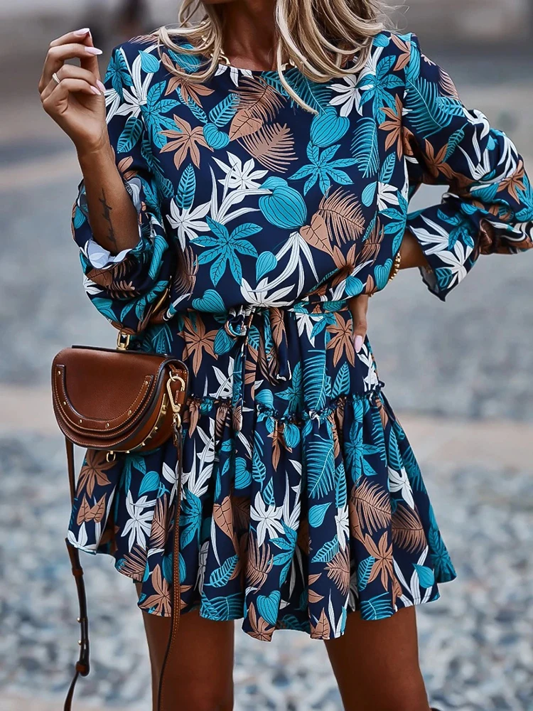 New Fashion Ruffle Trim Sashes Leaf Print Dress, Long Sleeves, Round Neck, Bohemian Style, Casual Mini Dress
New Fashion Ruffle Trim Sashes Leaf Print Dress, Long Sleeves, Round Neck, Bohemian Style, Casual Mini Dress