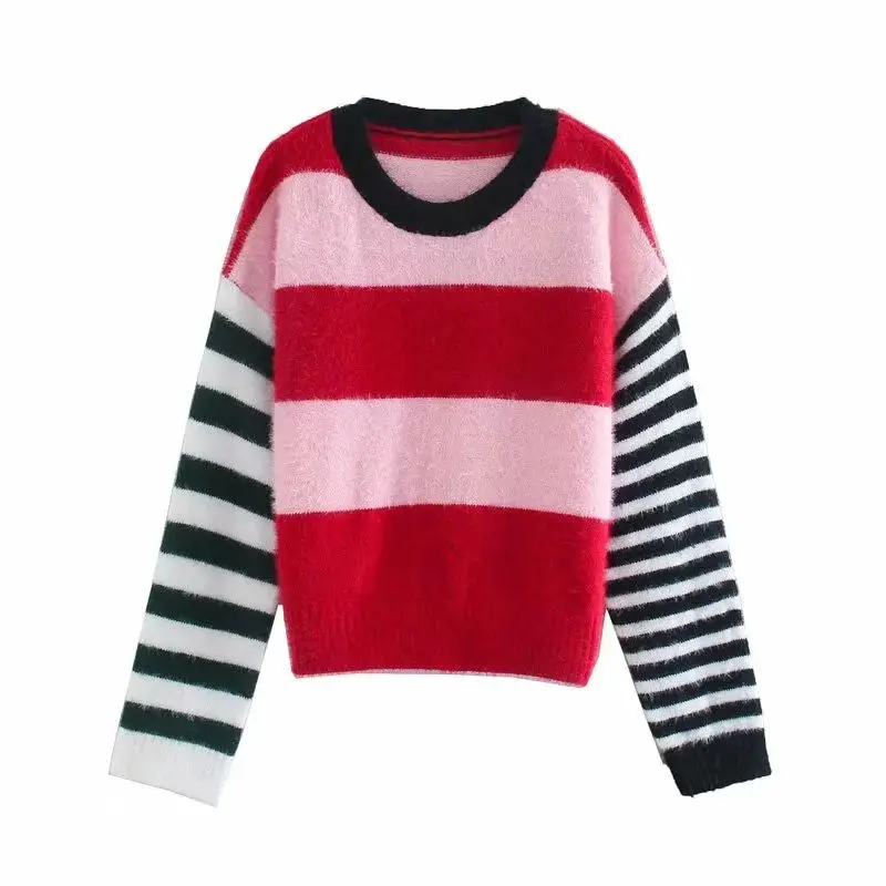 Женский трикотажный свитер в полоску, с круглым вырезом и длинными рукавами 
Женский трикотажный свитер в полоску, с круглым вырезом и длинными рукавами