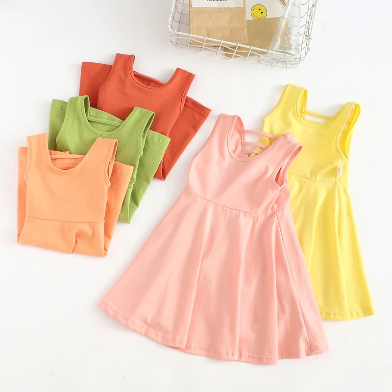 Летняя одежда для маленьких девочек однотонное Хлопковое платье без рукавов на