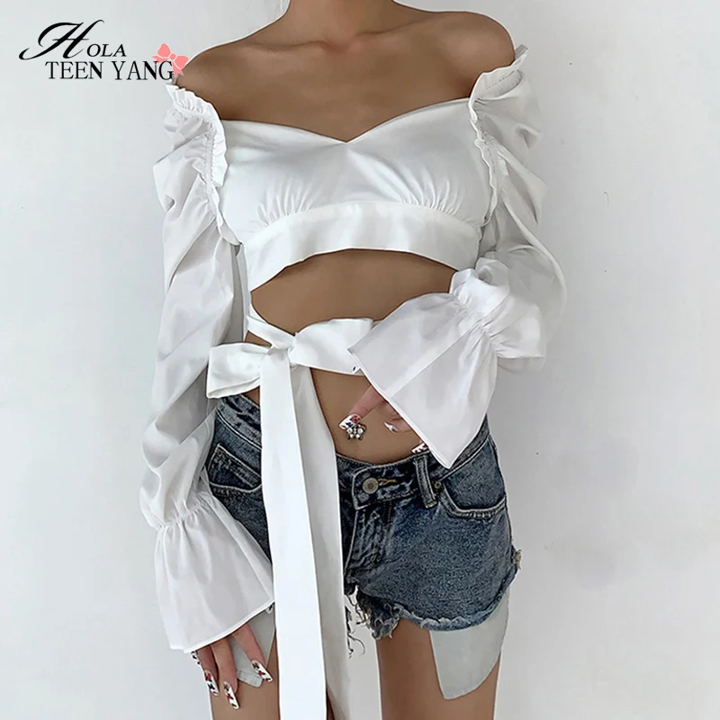 Hola TeenYang Stylish Ruched Ruffles Women Flare Sleeve T Shirt Bandage Backless Bodycon Solid White Navel Bare Crop Top Tshirt
Hola TeenYang Stylish Ruched Ruffles Women Flare Sleeve T Shirt Bandage Backless Bodycon Solid White Navel Bare Crop Top Tshirt
