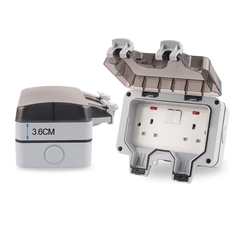 IP66 Weatherproof Waterproof Outdoor box Wall Socket 13A Double Universal UK Standard Switched Outlet With Light large plug 
IP66 Weatherproof Waterproof Outdoor box Wall Socket 13A Double Universal UK Standard Switched Outlet With Light large plug