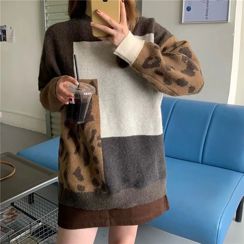 Vintage Leopard Knitted Sweaters Women Fall Winter Patchwork Brown Jumpers Loose Korean Slim Pull Pullover Female Knitwear Tops
Vintage Leopard Knitted Sweaters Women Fall Winter Patchwork Brown Jumpers Loose Korean Slim Pull Pullover Female Knitwear Tops