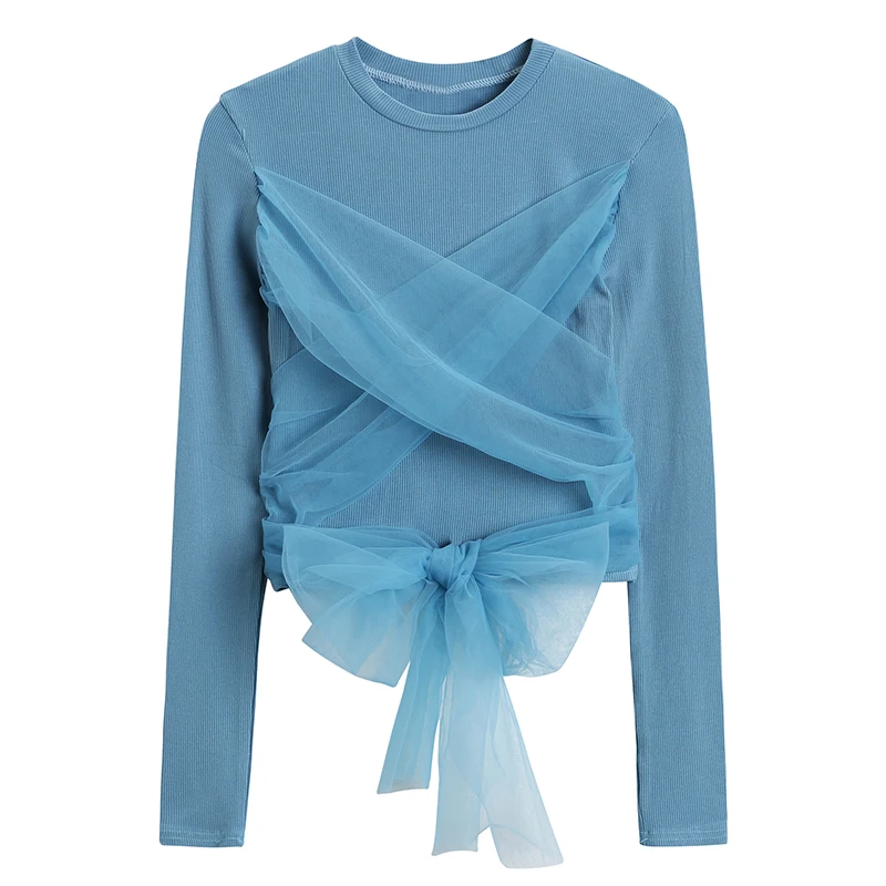 Bow Gauze Patch Knitting Top Women's Long Sleeve Spring New Fashion Slim Fit Bottoming Shirt Tshirt Blue Black
Bow Gauze Patch Knitting Top Women's Long Sleeve Spring New Fashion Slim Fit Bottoming Shirt Tshirt Blue Black