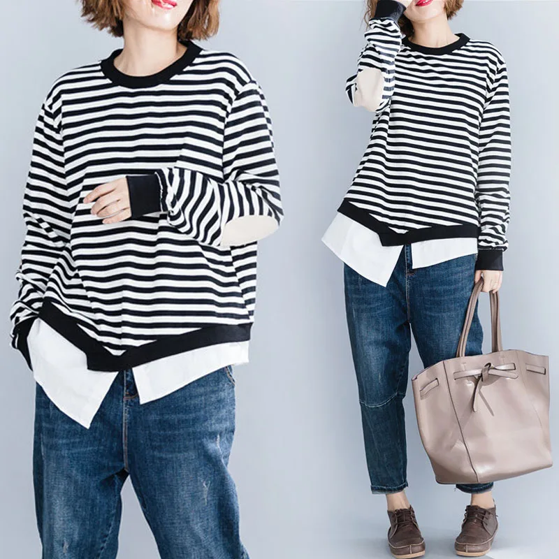 BIG SIZE Spring Autumn Women Fashion Elegant Stripe Spliced Tops Ladies Female Plus Large Fasle Two Piece Loose Cotton T shirt
BIG SIZE Spring Autumn Women Fashion Elegant Stripe Spliced Tops Ladies Female Plus Large Fasle Two Piece Loose Cotton T shirt
