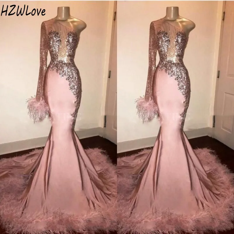 Sequins Full Sleeves Mermaid Evening Dresses with Feathers Appliques Beads One Shoulder African Formal Prom Dress robe de soiree 
Sequins Full Sleeves Mermaid Evening Dresses with Feathers Appliques Beads One Shoulder African Formal Prom Dress robe de soiree