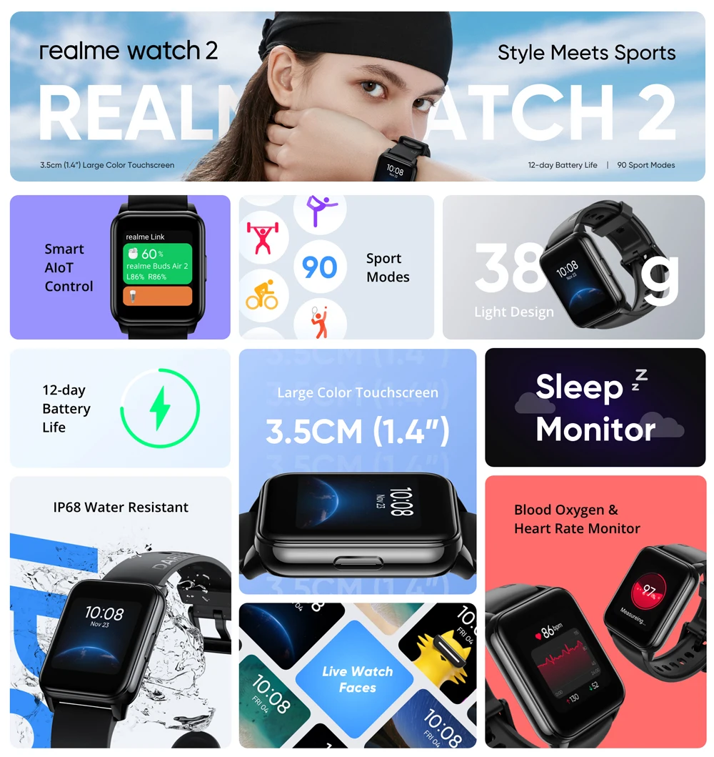 Смарт-часы realme Watch 2 90 спортивных режимов 12 дней без подзарядки с пульсометром и