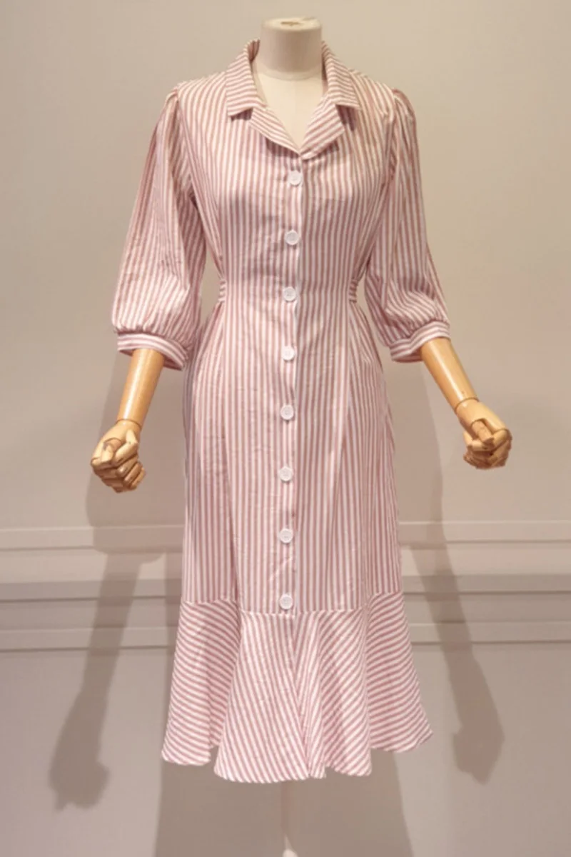Elegant Dresses for Women Three Quarter Sleeve Striped Female Fishtail Dress 2021 Summer New Wedding Evening Shirt Dress 
Elegant Dresses for Women Three Quarter Sleeve Striped Female Fishtail Dress 2021 Summer New Wedding Evening Shirt Dress