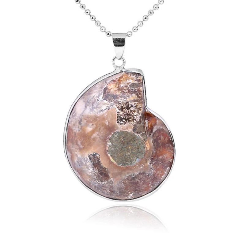 

R58E Natural Ammonite Fossils Pendant Jewelry Silver Tone Ammonite Fossils Stone Wrapped Pendant Necklace Fashion Jewelry