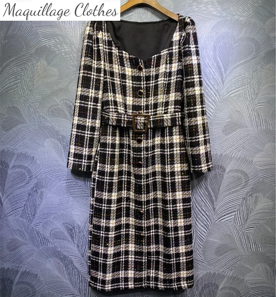 Осенняя женская обувь высокого качества с поясом из твида в клетку платье шик элегантный квадратный вырез с длинными рукавами платье C728 
Осенняя женская обувь высокого качества с поясом из твида в клетку платье шик элегантный квадратный вырез с длинными рукавами платье C728