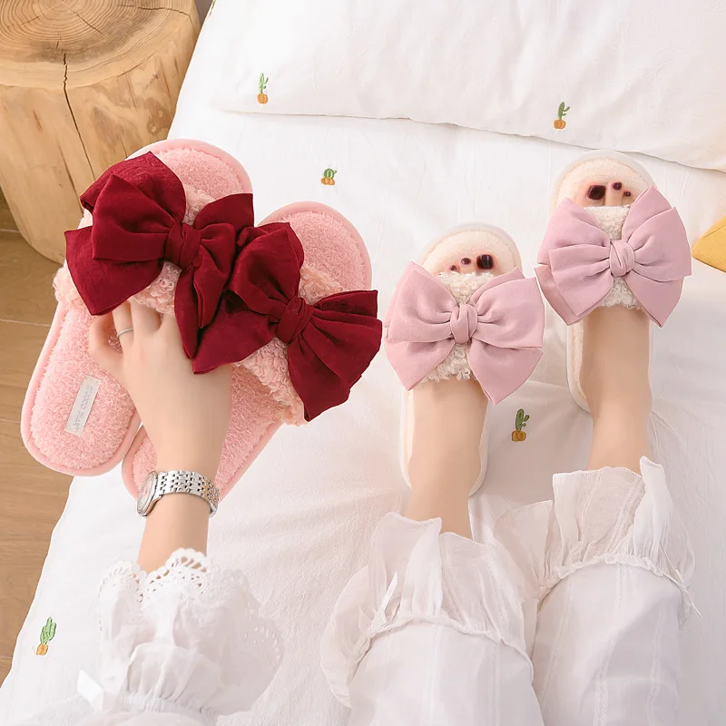 

Women Slippers Autumn Winter Indoor Floor Shoes Casual Flats footwear silent Bow-knot Home Slip On Ladies Flip Flops soft sole