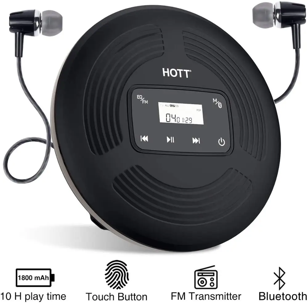 Портативный Перезаряжаемый CD плеер HOTT Bluetooth 5 0 с FM передатчиком сенсорной кнопкой