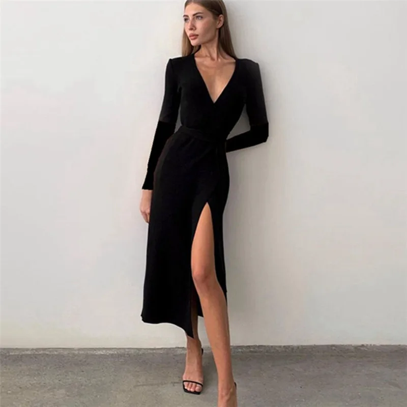 Elegant Black Split Party Slim Dress Women Sexy V Neck Long Sleeve Wrap Midi Dress Autumn Winter Fashion Sashes Bodycon Dresses 
Elegant Black Split Party Slim Dress Women Sexy V Neck Long Sleeve Wrap Midi Dress Autumn Winter Fashion Sashes Bodycon Dresses