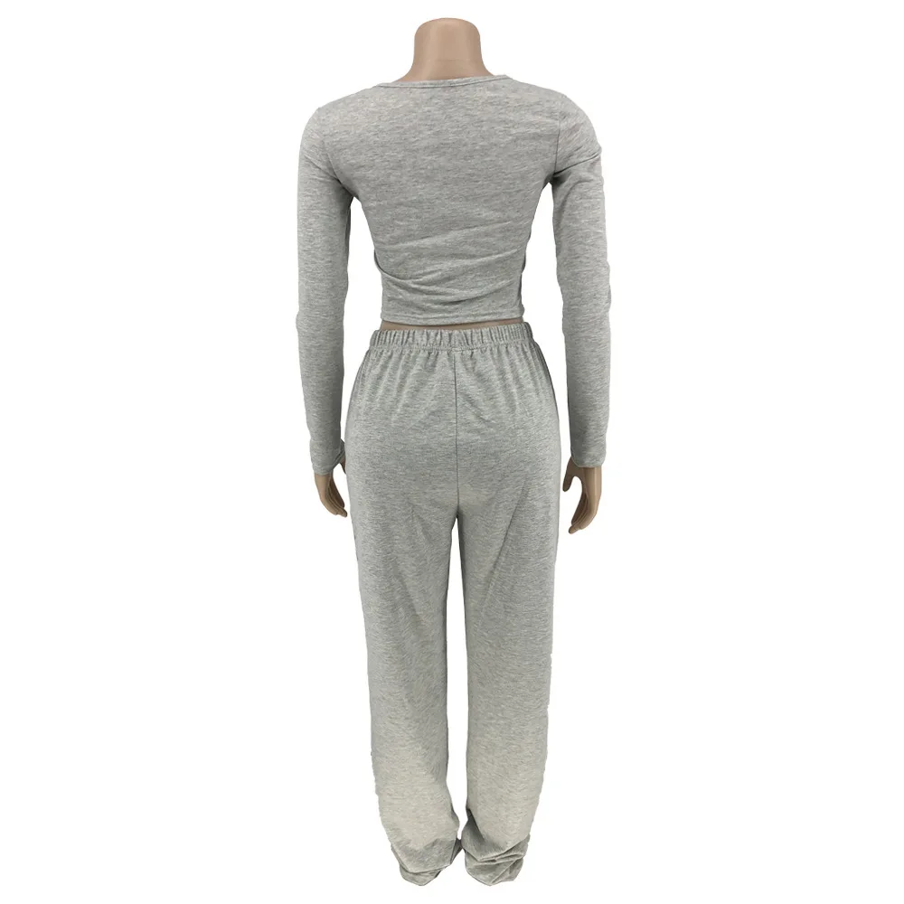 

Low Neck Long Sleeve Workout Sporty Crop Top and Drawstring Stacked Sweatpant Jogger Women Casual Matching Sets Activewear Suits