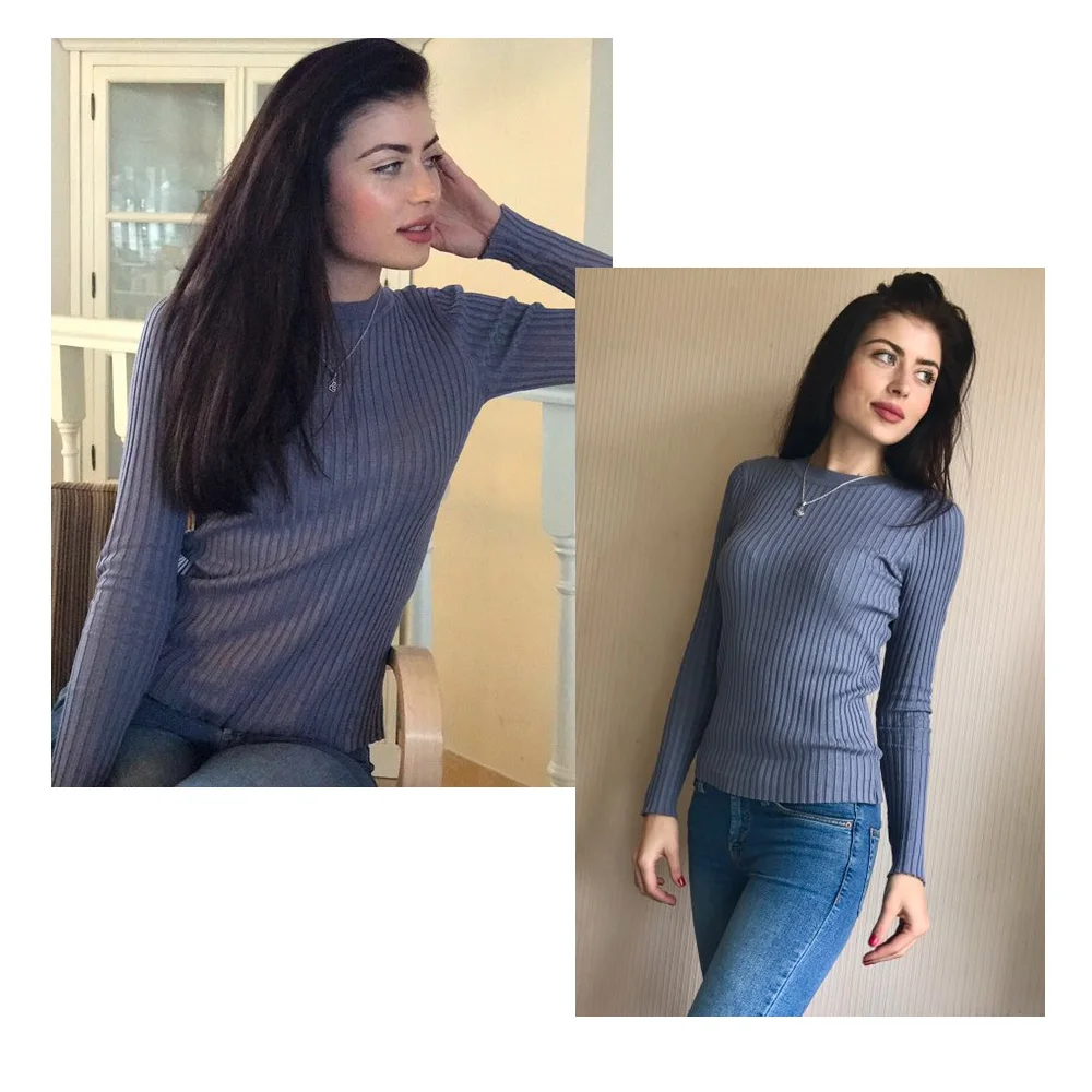 Women Sweater Pullover Basic Ribbed Sweaters Cotton Tops Knitted Solid Crew Neck With Thumb Hole | Женская одежда