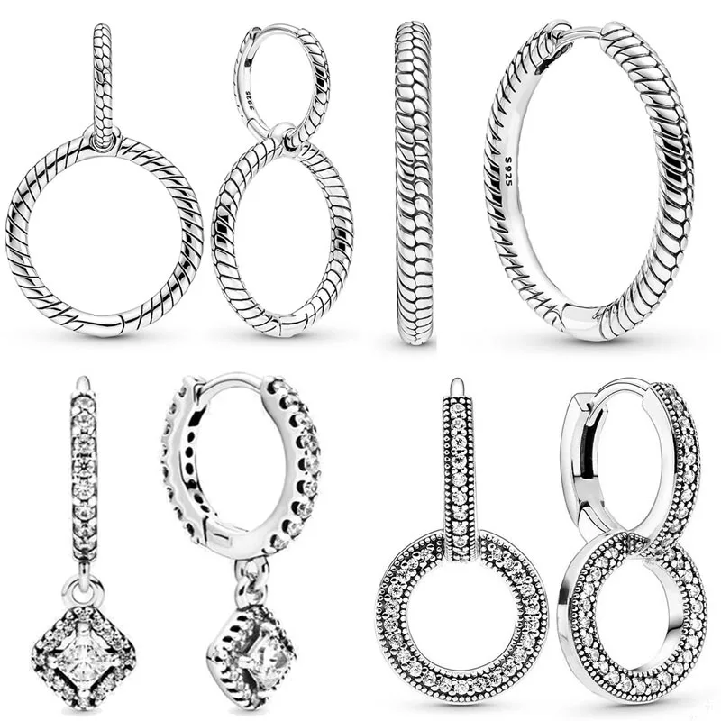 

Original 925 Sterling Silver Square Sparkle Logo Signature Moments Charm Double Hoop Earrings For Women Gift Popular DIY Jewelry