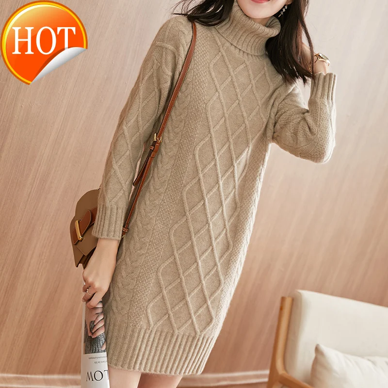 

Новинка Осень-зима 2021, суперплотный кашемировый свитер с высоким воротником, женское платье-свитер средней длины из чистого кашемира