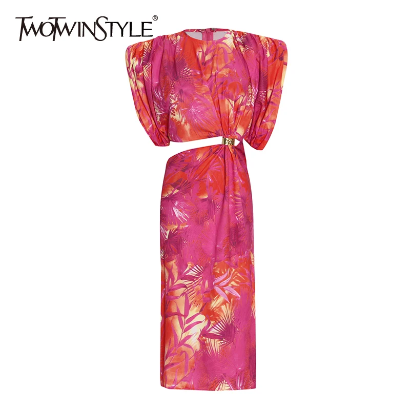 TWOTWINSTYLE hollow out dresses for female floral print colorblock o neck puff short sleeve high waist slimming women's dress
TWOTWINSTYLE hollow out dresses for female floral print colorblock o neck puff short sleeve high waist slimming women's dress